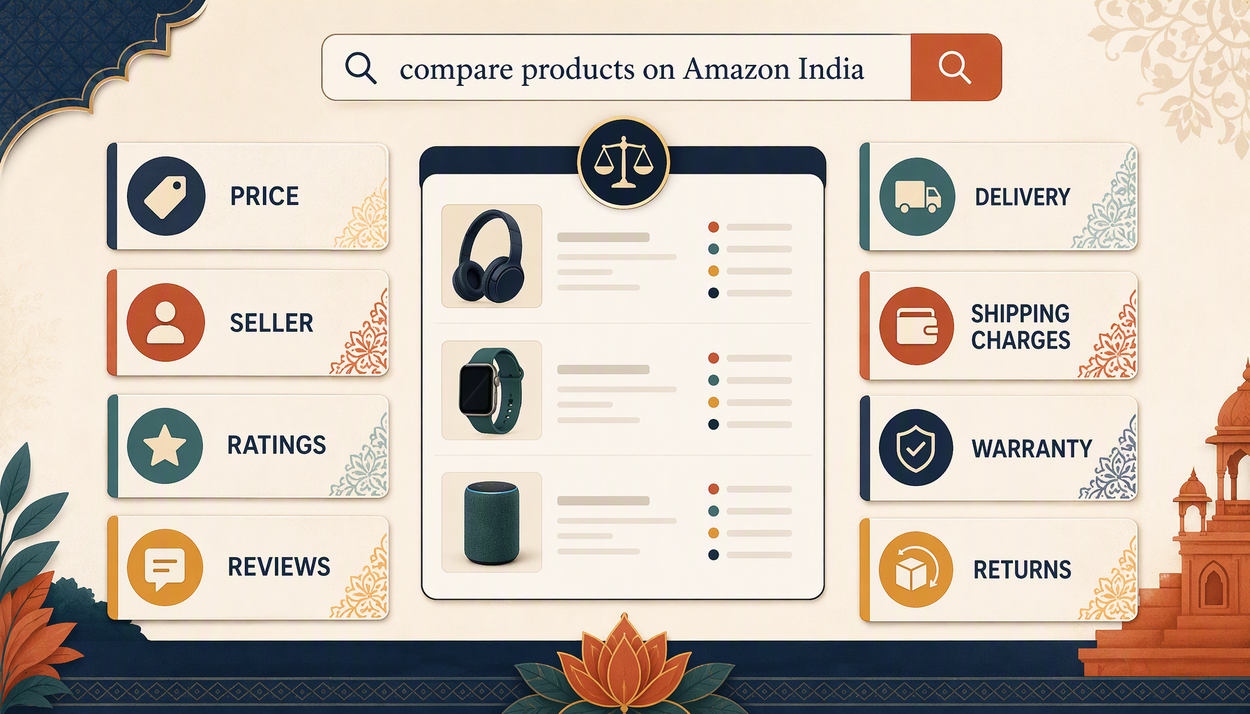 Illustrated comparison map for comparing products on Amazon India by price, seller, ratings, reviews, delivery, shipping charges, warranty, and returns