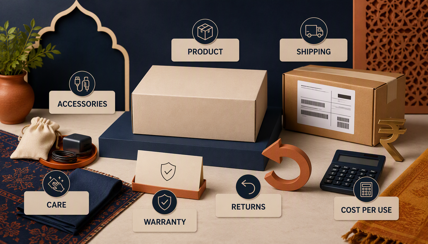 Illustrated Amazon India buying-cost stack showing product, shipping, accessories, care, warranty, returns, and cost per use