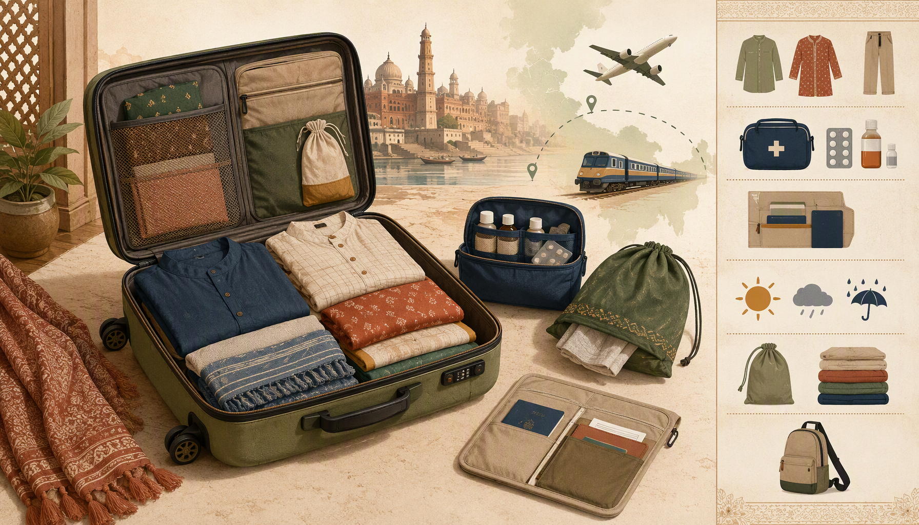 India travel packing checklist: route, weather, laundry, and carry essentials.
